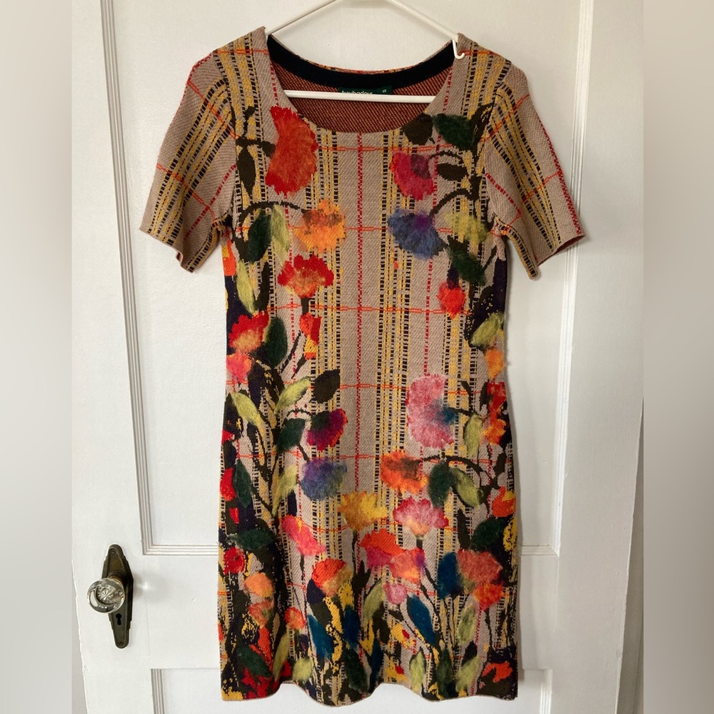 Anthropologie Wool Blend Short Sleeve Plaid Embroidered Dress